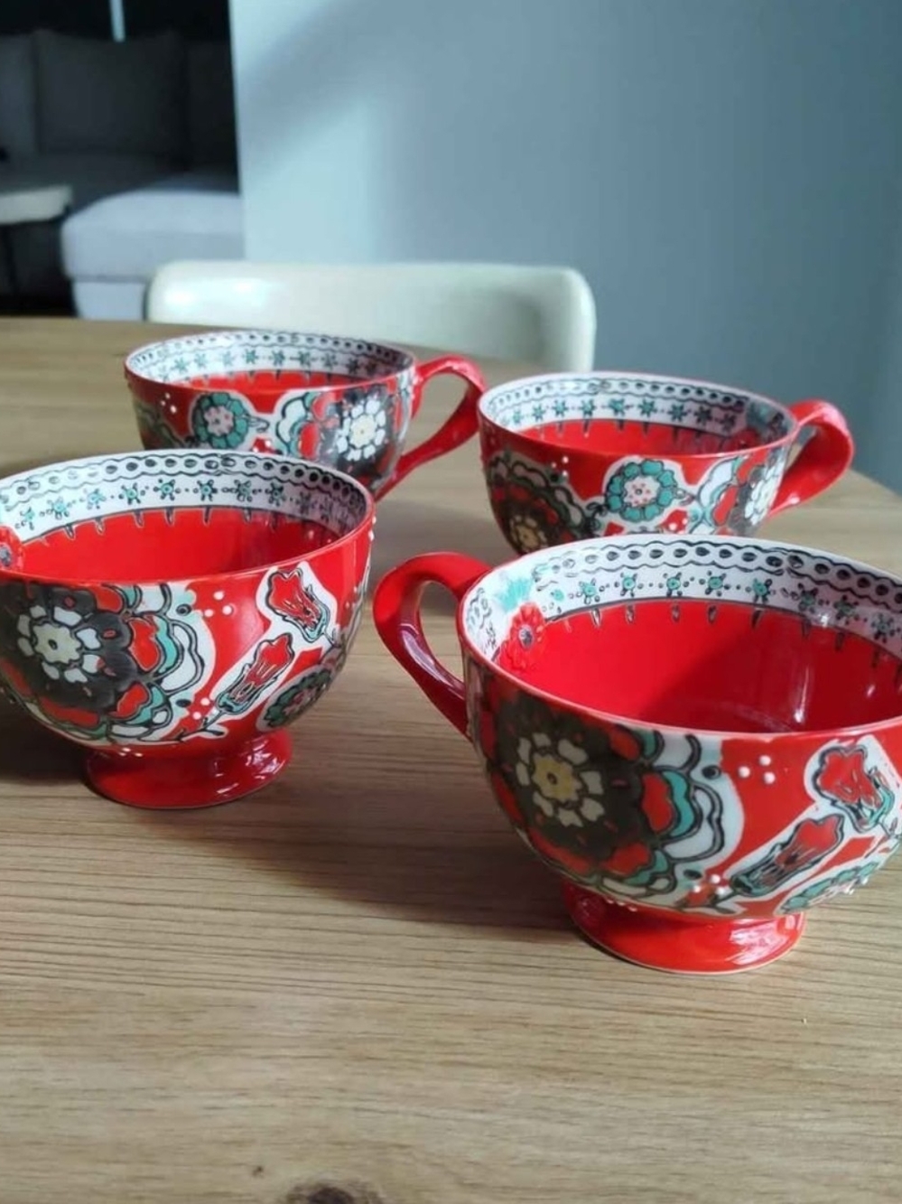 Anthropologie Elka Red Floral Ceramic Tea Cups - Set of 4